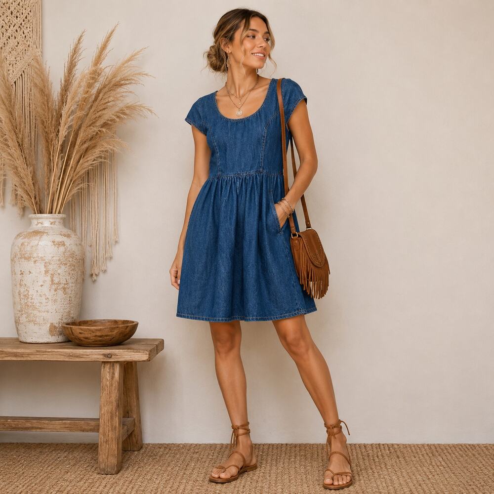 Old Navy Dress Chambray Fit & Flare Capped Sleeves Pockets Size 6 Classic Casual